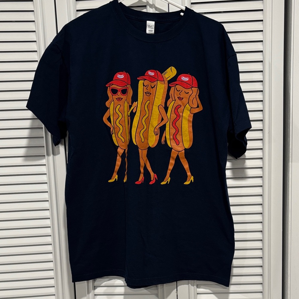 Gildan navy blue T-Shirt with Hot Dog Characters